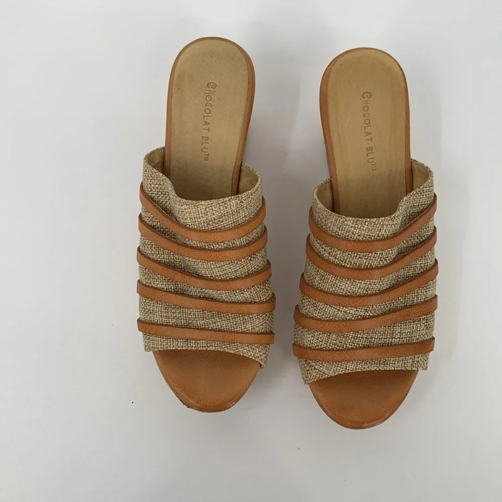 Chocolat Blu Wapi slide wedge platform sandals cork tan shoe clog brown strap 7